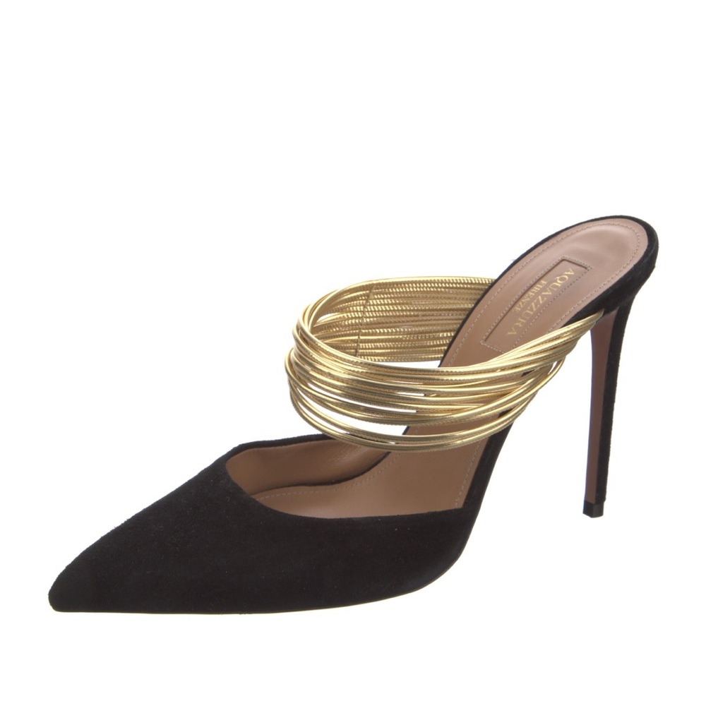 Aquazzura Rendez Vous 105 Black Suede and Metallic Faux Leather Mules in Gold